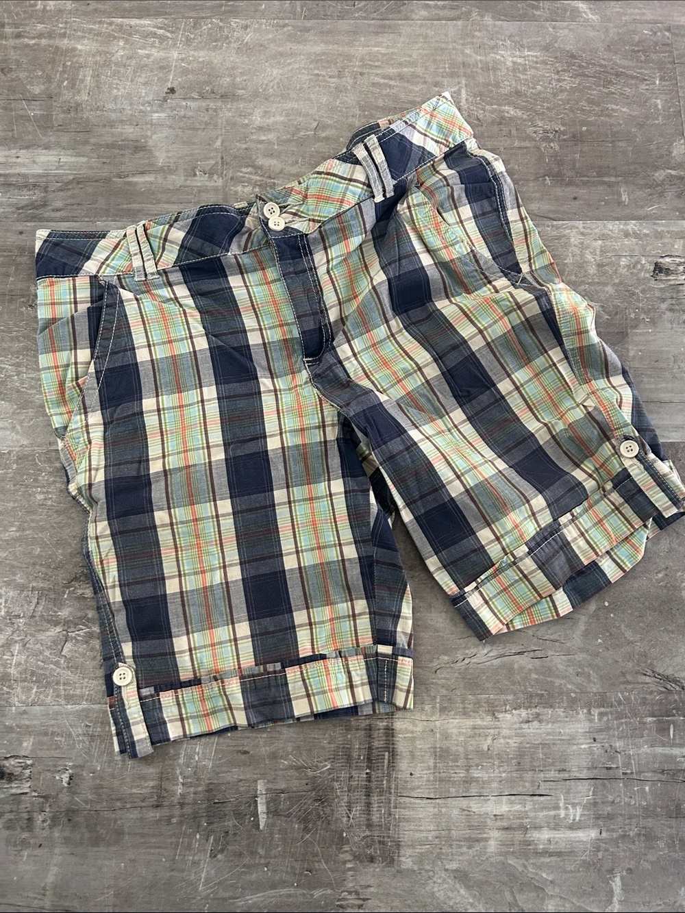 Faded Glory Navy, Cream & Green Plaid Flat-Front Shorts